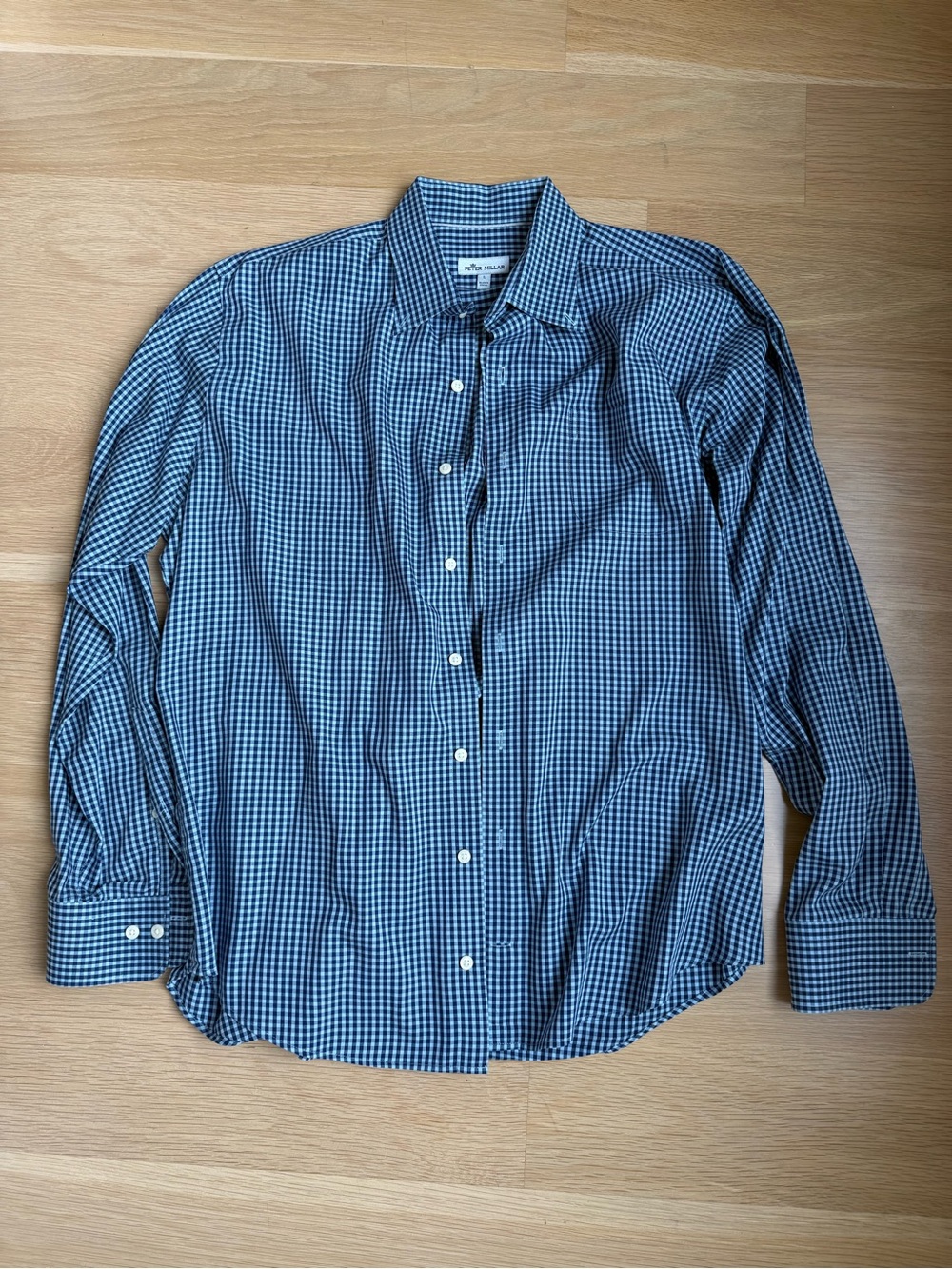 Peter Millar Blue and White Gingham Long-Sleeve Dress Shirt